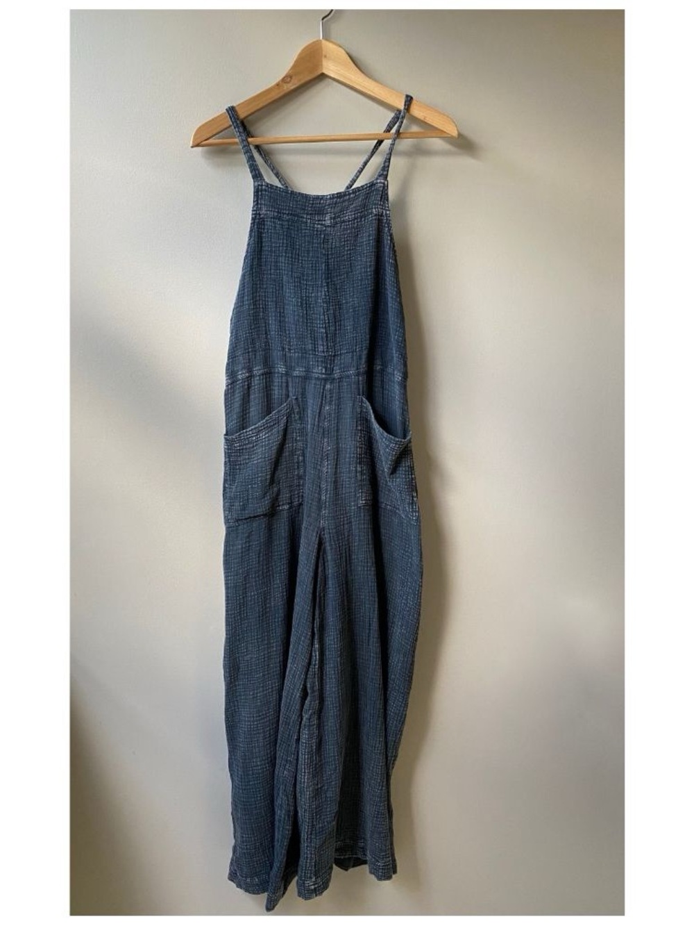 Textured Navy Wide-Leg Jumpsuit with Front Pockets